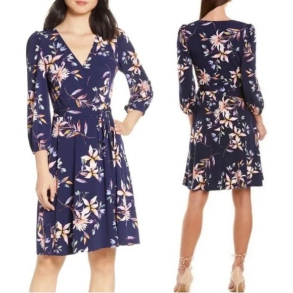 Eliza J Navy Blue Floral Fit & Flare Faux Wrap Dress Size 14 - Picture 1 of 8